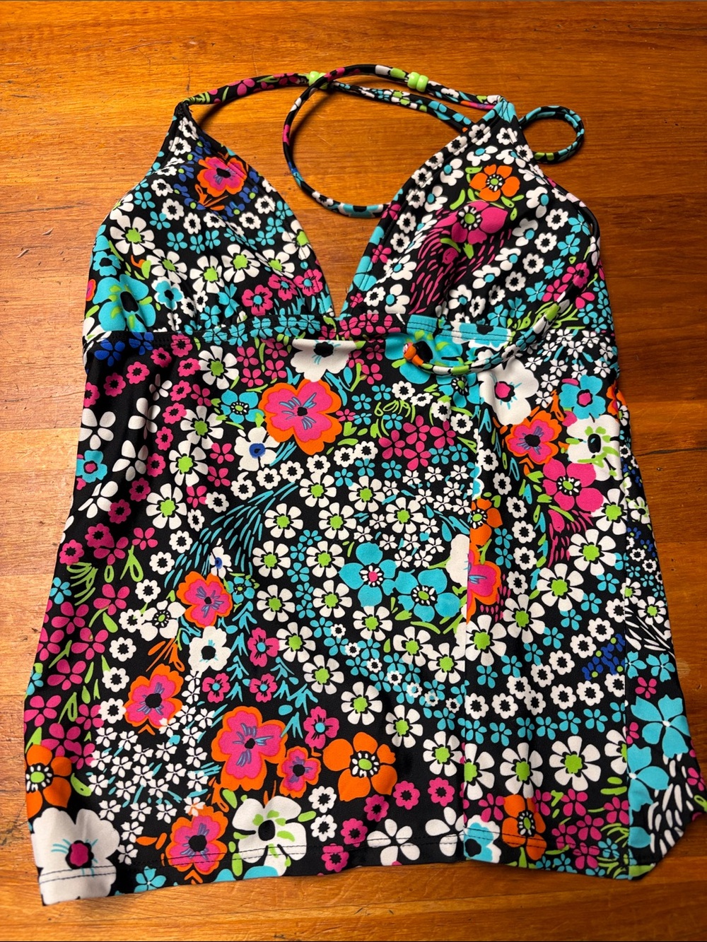 Hot Water Black Floral Tankini Swim Top with Bright Multi Hues